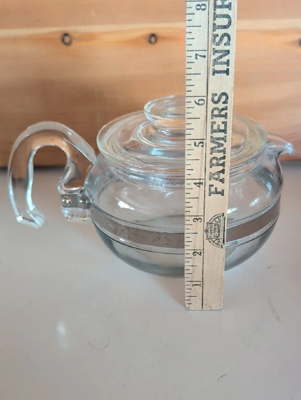 VTG. Pyrex Flameware Clear Glass Teapot with Silver Accent Lid. Made In USA
